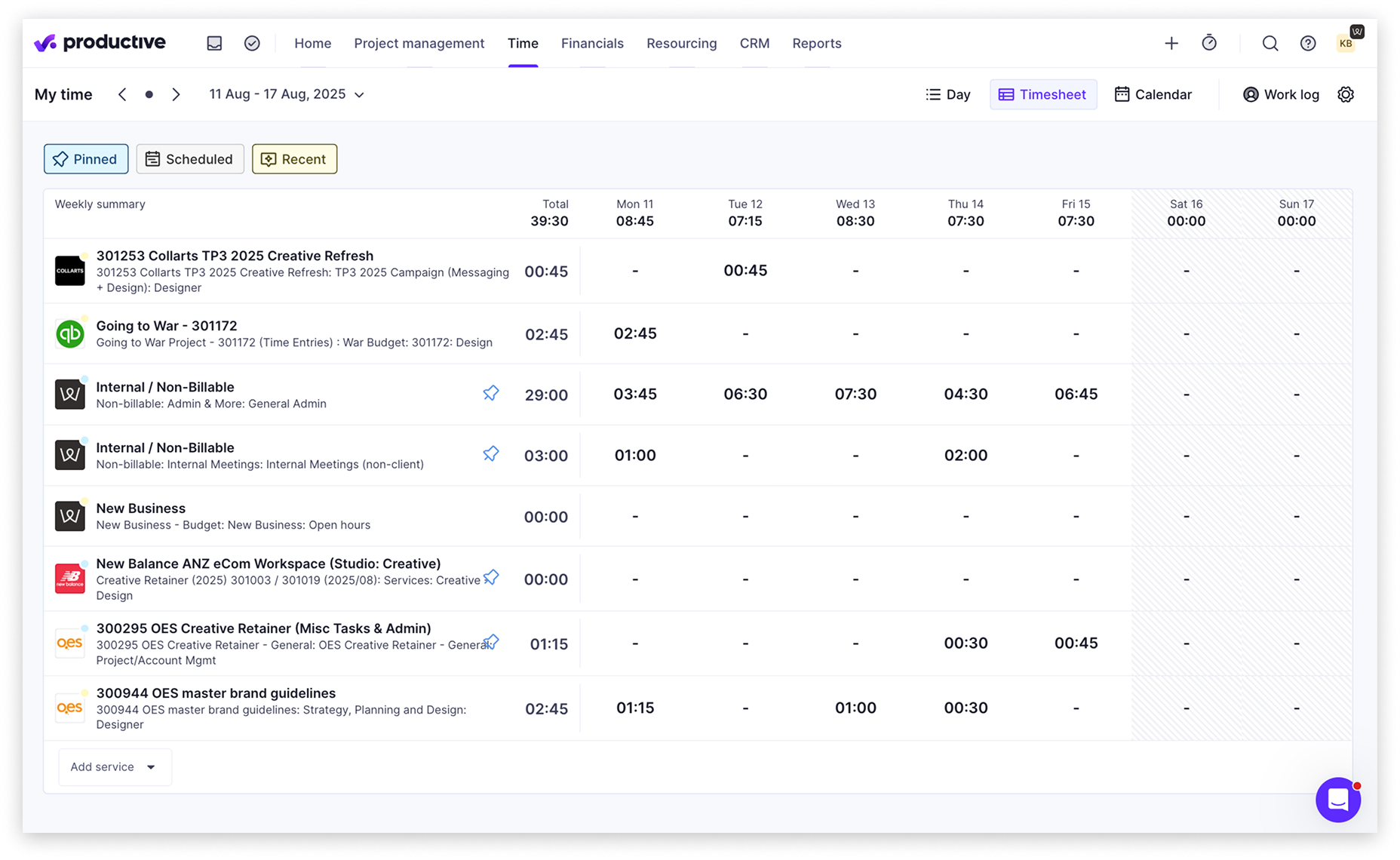 Productive timesheet weekly summary view